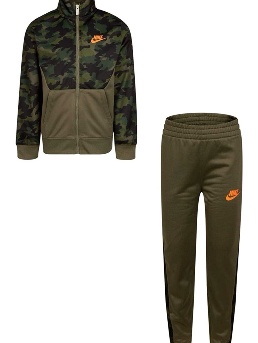 Nike Medium Olive Camo Kids Sweatpants & Jacket Set with Orange Logo 5-6 years
